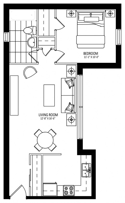 Floor plan for 1 bed, 1 bath, 651 sqft